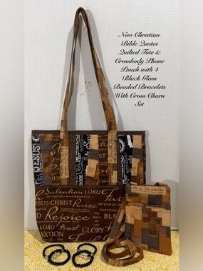 New Christian Bible Quotes Quilted Tote & Phone Pouch With 4 Black Bracelets